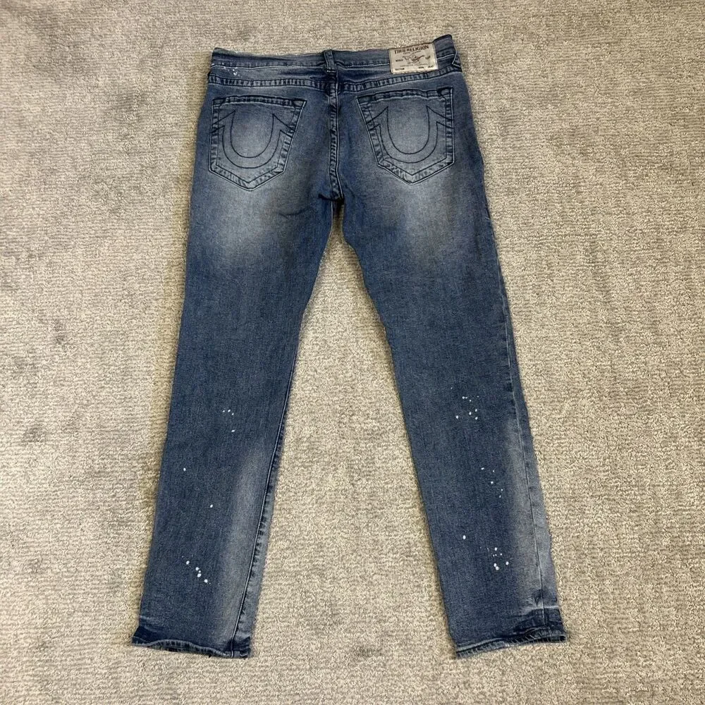 True Religion Jeans Mens 34 Medium Wash Rocco Relaxed Skinny Stretch Splatter